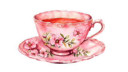 pink vintage teacup watercolor antique cup, Watercolor Teacup Illustration With Delicate Floral Design. Afternoon Tea Concept
