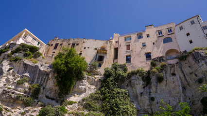 Fototapeta premium Traditional houses rising on a cliff in Tropea, Italy, highlight the unique blend of architecture and nature
