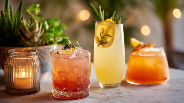 A luxurious product shot featuring cocktails illuminated by soft glow lighting, accented with tropical plants for an elegant, exotic vibe.