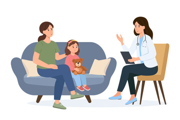 Fototapeta premium Pediatric checkup of the child. Girl and father at the doctor’s appointment.Pediatrician talking with child patient and dad. Vector Illustration.