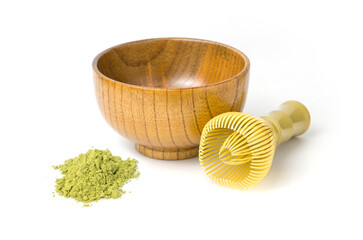 Wooden Matcha Bowl, Whisk, and Powder for Tea Preparation