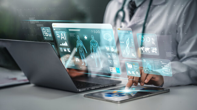 Doctor photo with hand icon. Medical technology. Doctor using AI technology to diagnose, care and improve accuracy of patient treatment in the future. Medical innovation for future health.  - Powered by Adobe