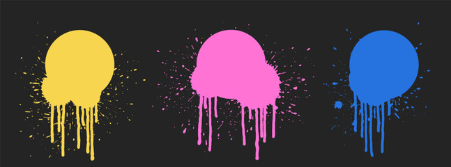 Grunge circle backgrounds set with paint drops. Paint drip. Splatter round frames set. Grunge stains. Ink splash. Round grunge backdrops. Liquid dripping collection.
