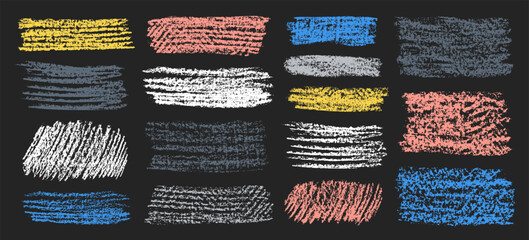 Chalk grunge backgrounds set. Chalkboard abstract sketches. Colorful chalk pencil hatches and scribbles. Grungy backdrops collection.
