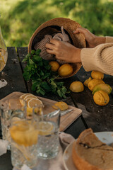 Outdoor summer picnic scene with a homemade lemon poppy seed pie, fresh lemons, mint, and lemonade on a rustic wooden table in a garden setting. Cozy and vibrant natural atmosphere.