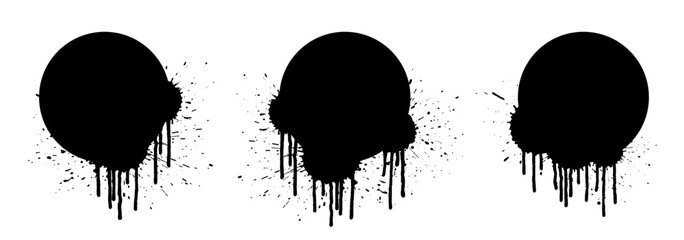 Grunge circle backgrounds set with paint drops. Paint drip. Splatter round frames set. Grunge stains. Ink splash. Round grunge backdrops. Liquid dripping collection.