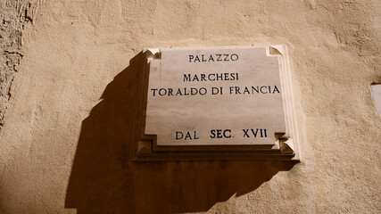 Close up of the sign of Palazzo Marchesi Toraldo di Francia, built in the 17th century, Tropea,...