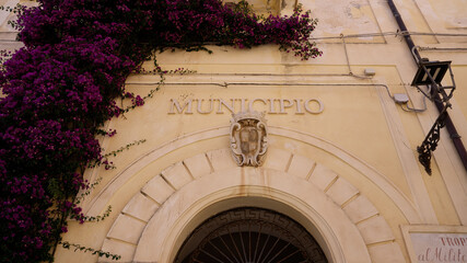 Purple bougainvillea decorates the entrance of the town hall, or municipio, in Tropea, a charming...