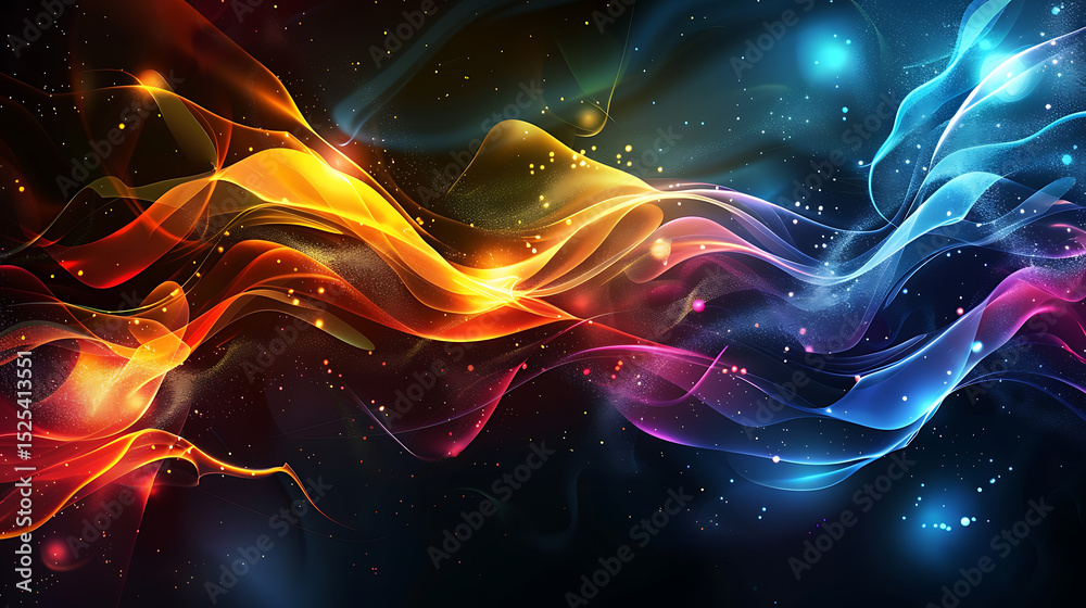 Poster abstract background with flowing multicolored waves and glowing particles creates a dynamic and vibr