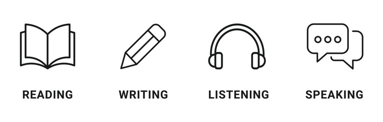 Reading Writing Listening Speaking Icon Set for Language Skills ,  vector illustration 