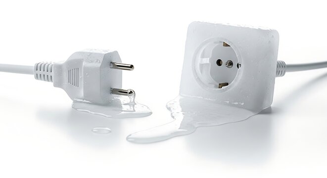 Electrical safety hazard plug socket water damage power outlet short circuit risk white background danger 100v 220v