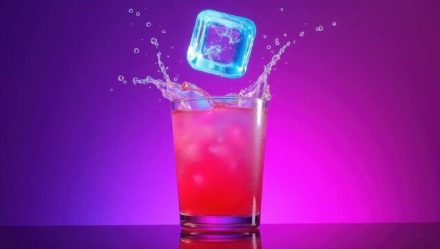 Un cubo de hielo brillante cae en una limonada rosa ne&oacute;n con burbujas y salpicaduras sobre un fondo violeta el&eacute;ctrico