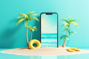 Smartphone on sandy island with palm trees, flip-flops, and swim ring, turquoise background, summer vacation and digital travel concept. Ai generative