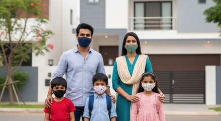 Fototapeta premium Indian Family Wearing Masks | Realistic Pandemic Safety Scene | COVID Precaution India