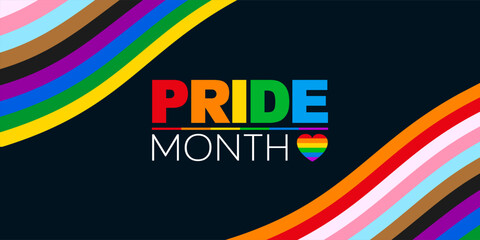 Pride Month banner with text and LGBT rainbow wavy flag, LGBTQ pride stripes background