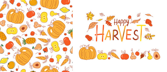 Seamless vegetarian food pattern. Hand lettering Happy Harvest. Banner, poster. Set of vegetables, fruity, berries. Harvest festival. Drawings, doodle. Local farmers market and dietary concept.
