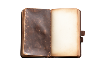 Open antique leather journal with blank pages, isolated on transparent background, vintage style, top view