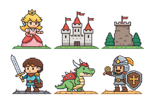 Fototapeta set of retro arcade game with heroe, princess, castle and dragon, 8-bit videogame aesthetic, isolated PNG transparent background