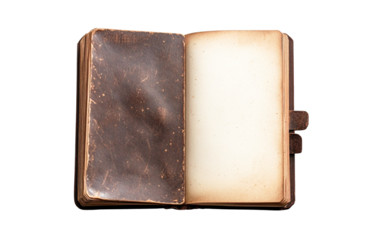 Open antique leather journal with blank pages, isolated on transparent background, vintage style, top view
