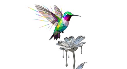 Obraz premium Colorful hummingbird flying near silver flower digital art illustration nature wildlife artistic design