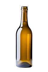 Amber glass wine bottle, transparent background, studio shot, vertical, product photography, isolated, no label, empty, clear, elegant, refined, beverage container, alcohol, drink,