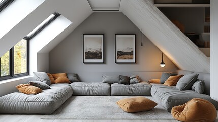 Modern attic living room design featuring a gray modular sofa, large windows, and warm accent pillows.
