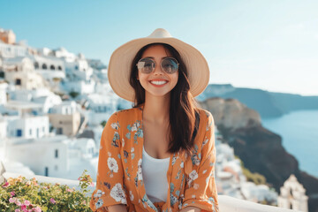 An asian woman standing with Santorini's view in front of her.