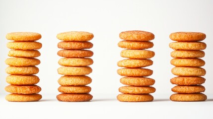 Stacks of golden, round cookies are arranged neatly against a white background, creating a visually appealing composition, This image can be used for food blogs, recipes, or baking promotions,