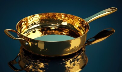 Gold pan, kitchen utensil, cooking, reflection, dark background, culinary image