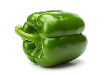 A single green bell pepper on white surface