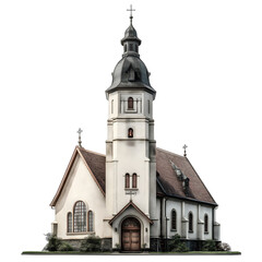 Charming small church with tall spire, white walls and wooden accents, set against a clear blue sky, perfect for serene moments. Isolated on white background or PNG
