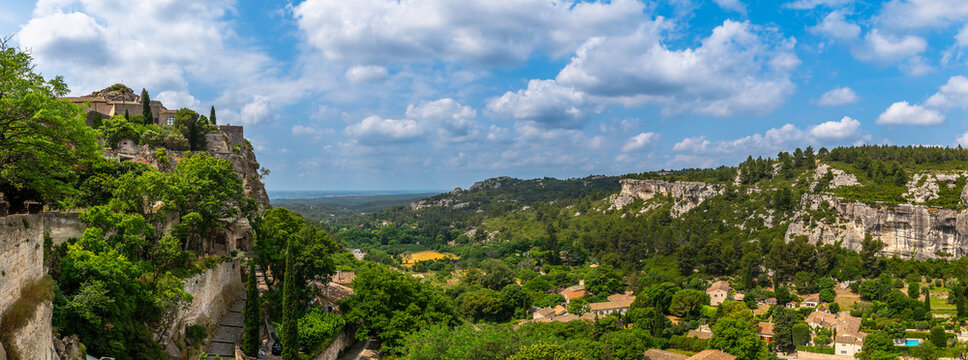 Fototapeta Panorama from the village of Les Baux de Provence, in the Bouches du Rhône, in Provence, France