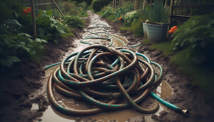 A tangled hose on the ground beside a muddy garden path, after a long day of watering.