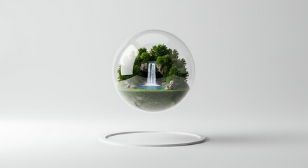 Waterfall landscape nature in a glass ball forest trees scenic view green environment clear sphere design