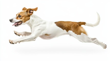 Fast-running Jack Russell in mid-air, profile view, isolated on white , running, animal