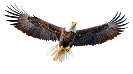 Obraz premium Majestic bald eagle in flight, wings outstretched against a white background.