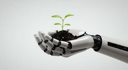 Robot hand holding plant innovation technology future growth artificial intelligence concept development