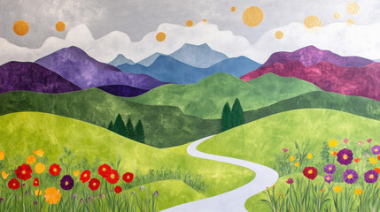 Fototapeta premium Vibrant landscape illustration featuring rolling green hills, colorful wildflowers, winding path, and purple mountains under cloudy sky with golden sunbursts