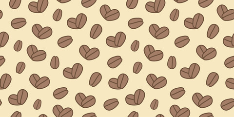 Coffee beans pattern. Shape of heart. Seamless background. International Coffee Day. Vector graphics. Flat illustration.