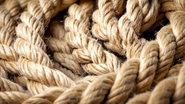 Close up view of entwined light brown ropes creates a textured background or pattern, showcasing natural fiber and nautical theme