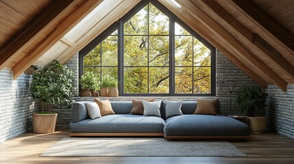 Modern attic living room design featuring a gray modular sofa, large windows, and warm accent pillows.