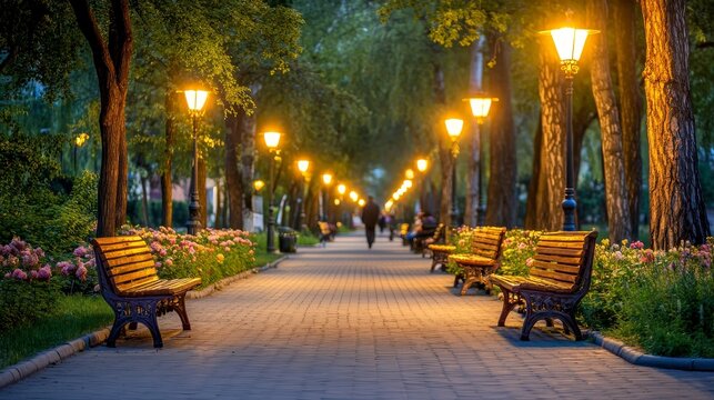 Night urban street corner with warm street lamps, flower beds and benches, walkable city lifestyle atmosphere