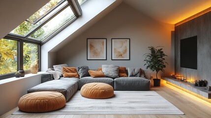 Modern attic living room design featuring a gray modular sofa, large windows, and warm accent pillows.