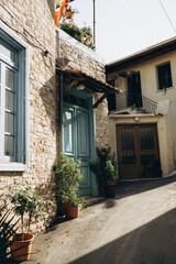 Traditional architecture and blooming details from Lefkara village, Cyprus — narrow alleys, stone houses, bright doors, and Mediterranean plants in charming southern sunlight.