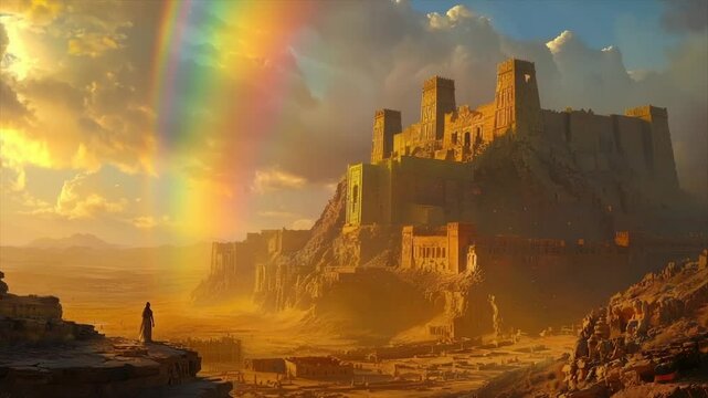 Ancient fortress in a sun-drenched desert, a rainbow arches over the ruined citadel. A lone figure stands watch