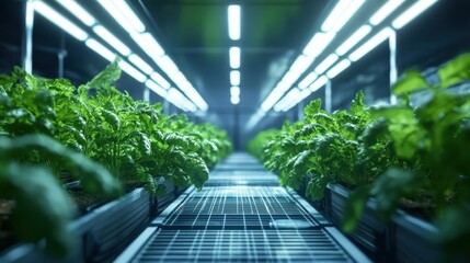 greenhouse with rows of hydroponic plants growing under artificial lights.