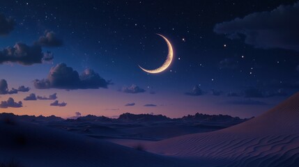 Obraz premium Crescent moon over a desert landscape at night