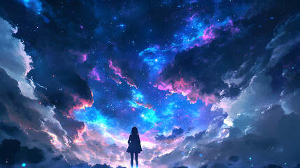 Solitary Figure Contemplating a Vibrant, Starry Night Sky