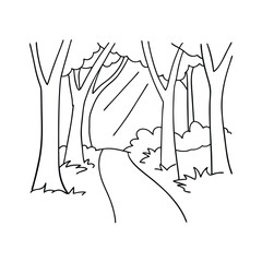 Simple hand drawn illustration of a pathway winding through a forest scene of trees