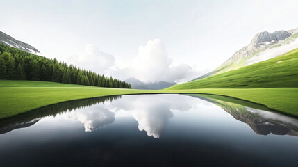 Fototapeta premium Serene mountain landscape featuring calm lake reflecting surrounding lush green hills, dense pine forest, and dramatic cloud formations under bright sky